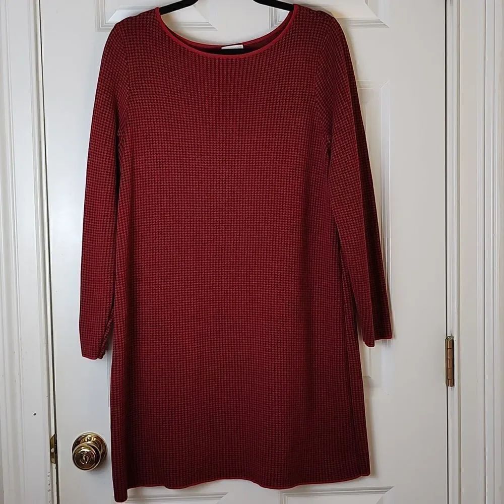 J.Jill Cotton Knit Blue & Red Houndstooth Dress Long Sleeve Preppy Classic